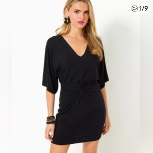 Lilly Pulitzer Adalyn Black Mini Dress, sleeves, tummy control, ruched vneck, SM